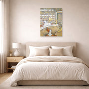 Unframed poster print of Georges Seurat's Circus displayed on a wall in a bedroom