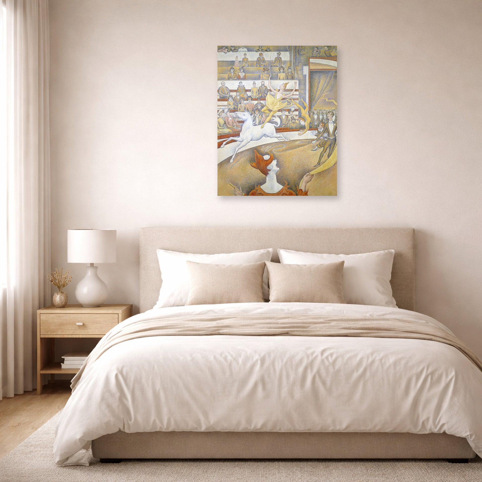 Unframed poster print of Georges Seurat's Circus displayed on a wall in a bedroom