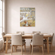 Unframed poster print of Georges Seurat's Circus displayed on a wall in a dining room
