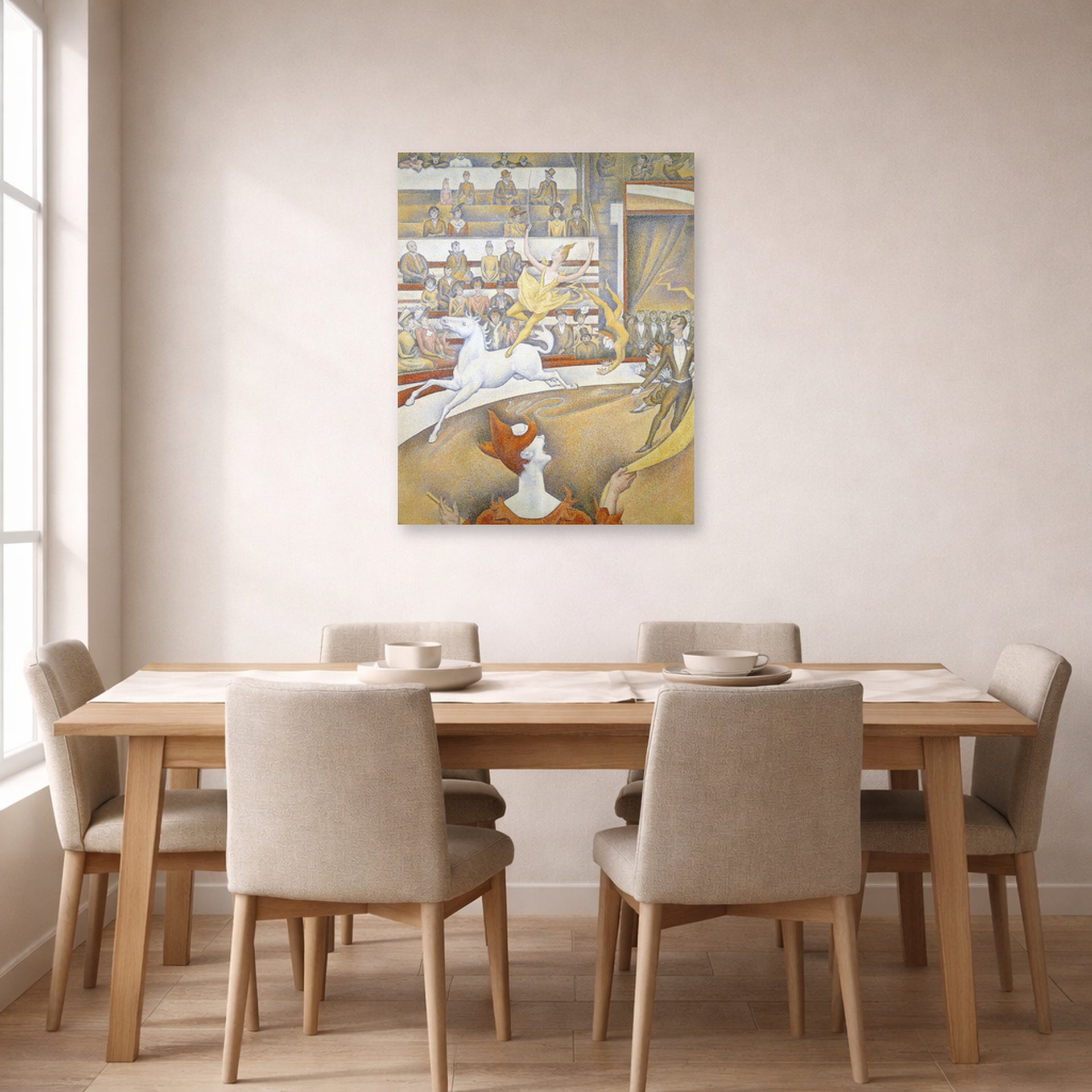 Unframed poster print of Georges Seurat's Circus displayed on a wall in a dining room