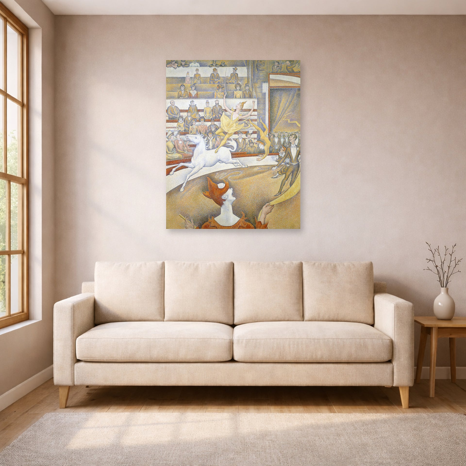 Unframed poster print of Georges Seurat's Circus displayed on a wall in a living room