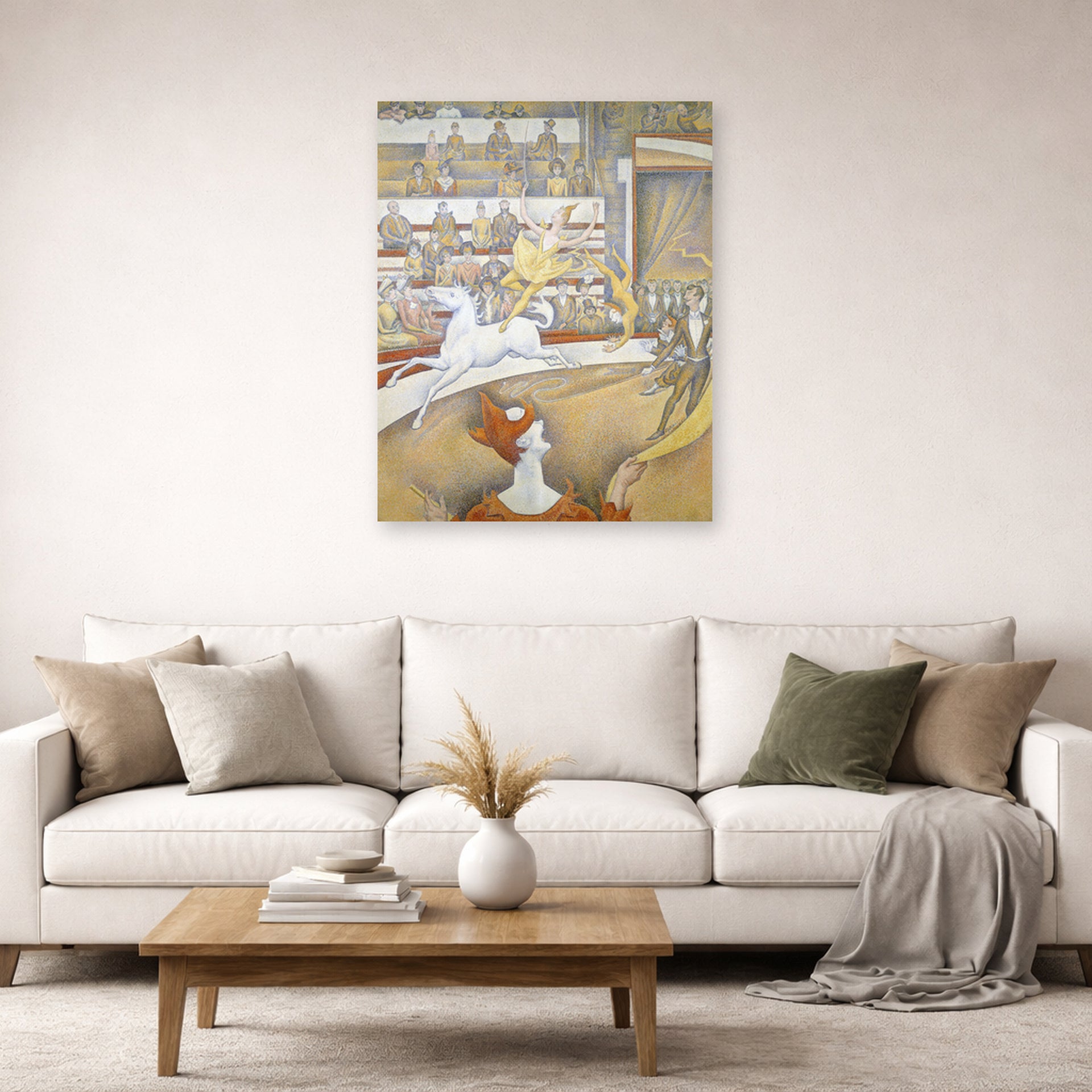 Unframed poster print of Georges Seurat's Circus displayed on a wall in a living room