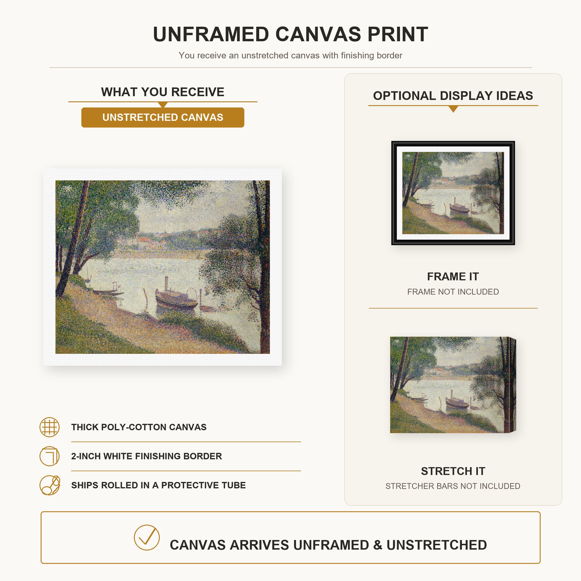 Georges Seurat - Gray Weather, Grande Jatte canvas print size comparison and framing display infographic