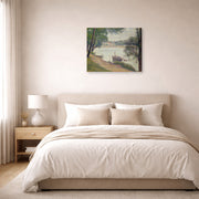 Gallery-wrapped canvas print of Georges Seurat's Gray Weather, Grande Jatte displayed on a wall in a bedroom