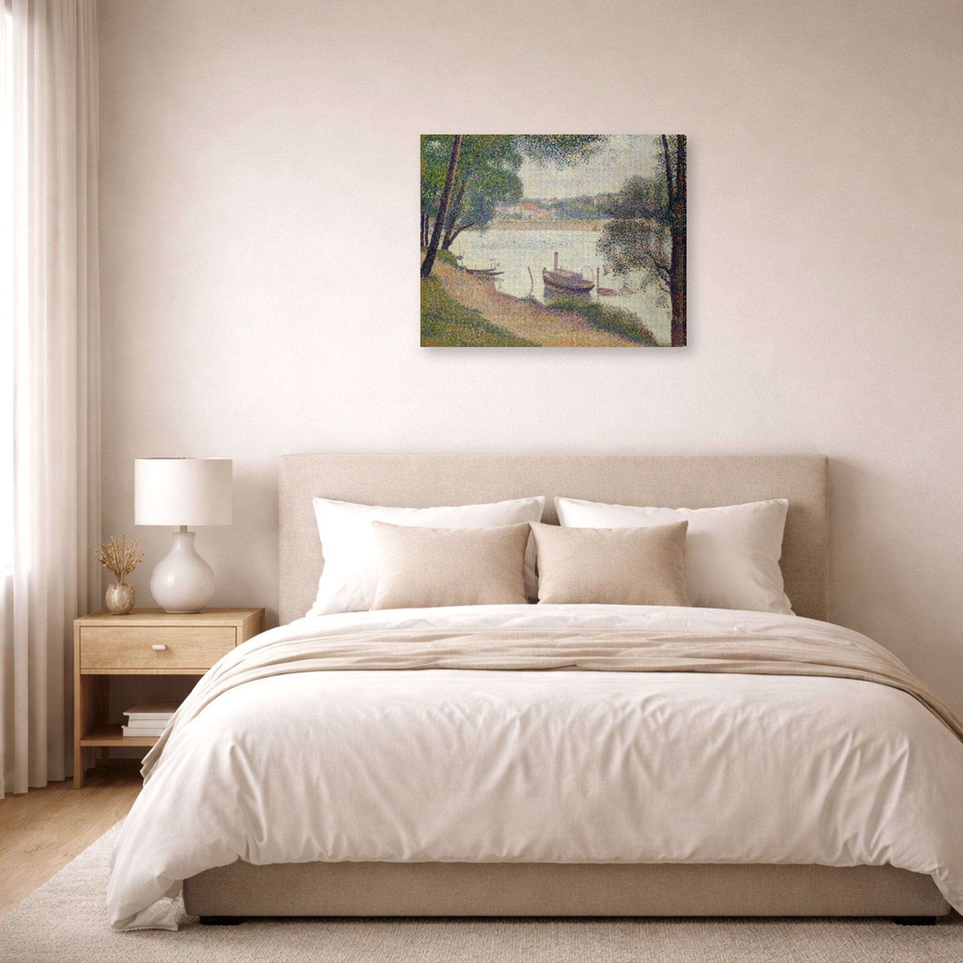Gallery-wrapped canvas print of Georges Seurat's Gray Weather, Grande Jatte displayed on a wall in a bedroom