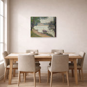Gallery-wrapped canvas print of Georges Seurat's Gray Weather, Grande Jatte displayed on a wall in a dining room