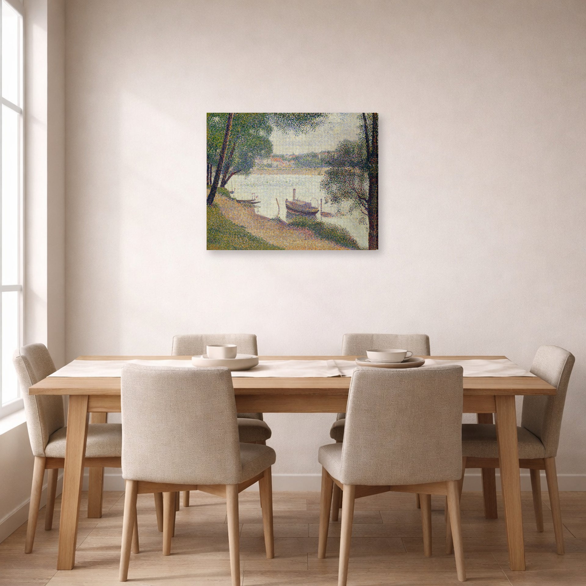 Gallery-wrapped canvas print of Georges Seurat's Gray Weather, Grande Jatte displayed on a wall in a dining room