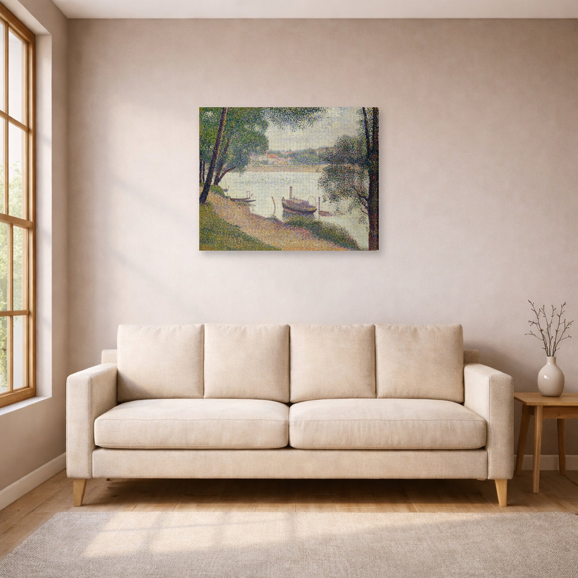Gallery-wrapped canvas print of Georges Seurat's Gray Weather, Grande Jatte displayed on a wall in a living room