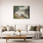 Gallery-wrapped canvas print of Georges Seurat's Gray Weather, Grande Jatte displayed on a wall in a living room