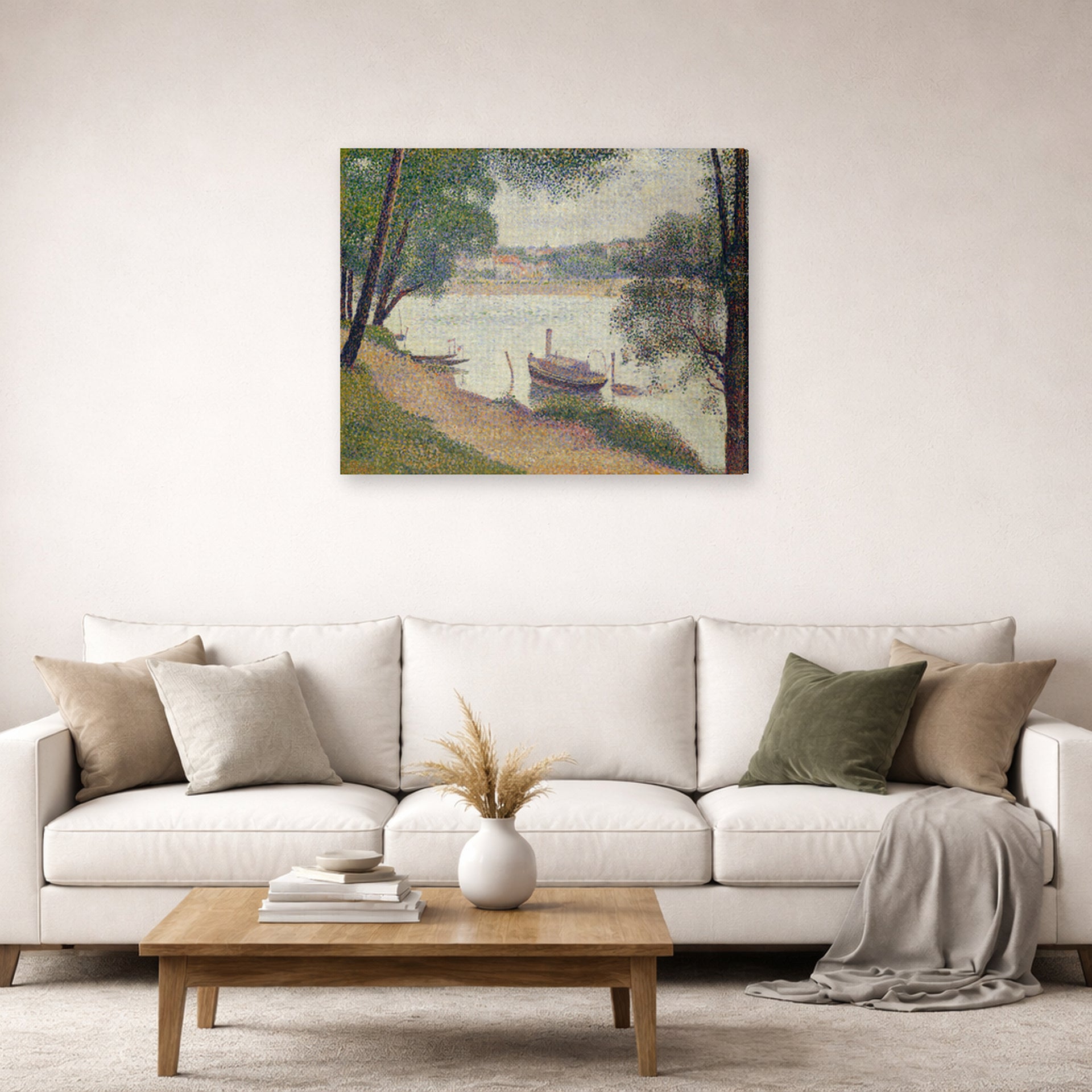 Gallery-wrapped canvas print of Georges Seurat's Gray Weather, Grande Jatte displayed on a wall in a living room