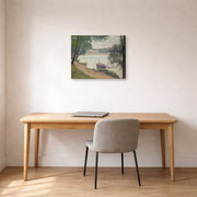 Gallery-wrapped canvas print of Georges Seurat's Gray Weather, Grande Jatte displayed on a wall in a office