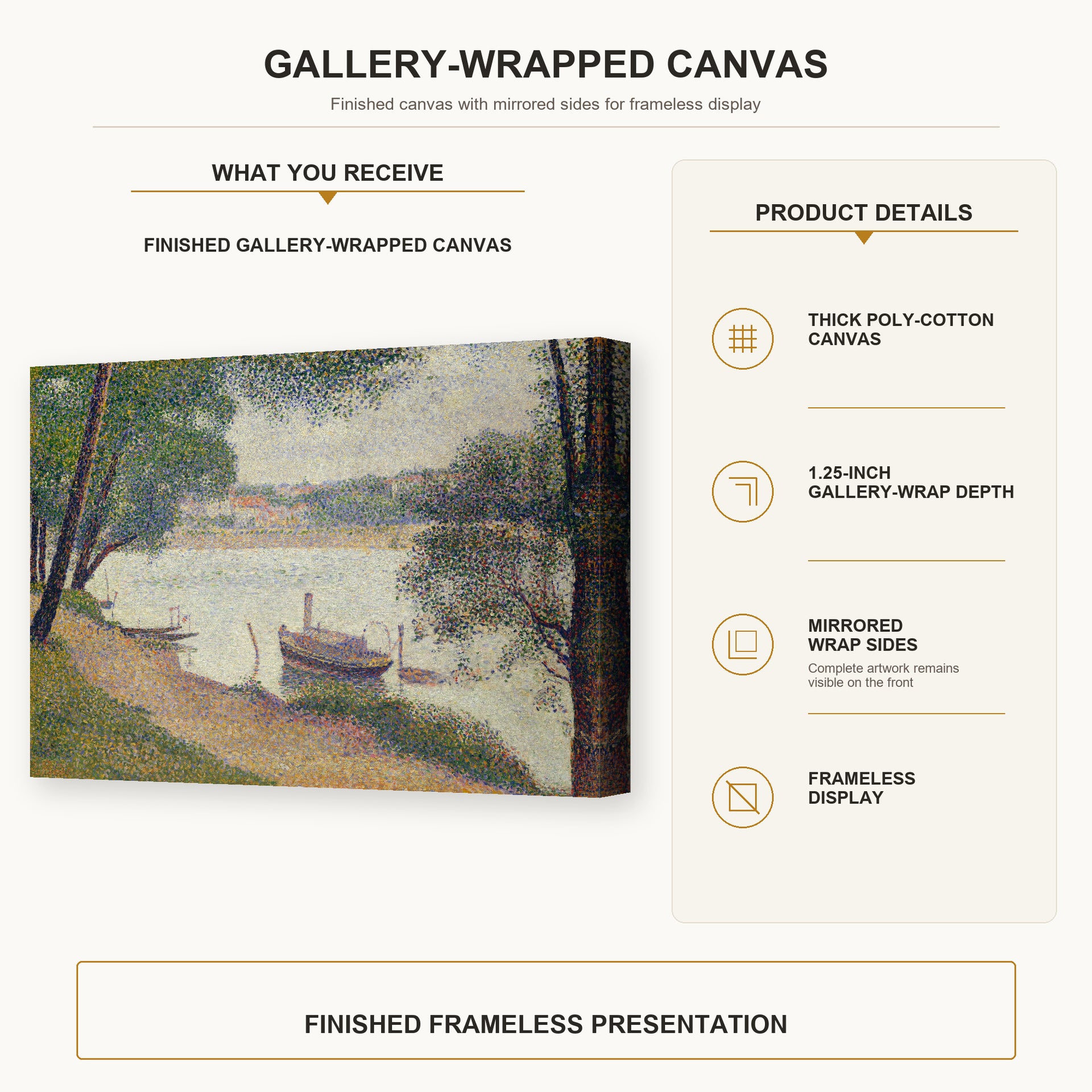 Georges Seurat - Gray Weather, Grande Jatte gallery wrap canvas construction and hanging details infographic