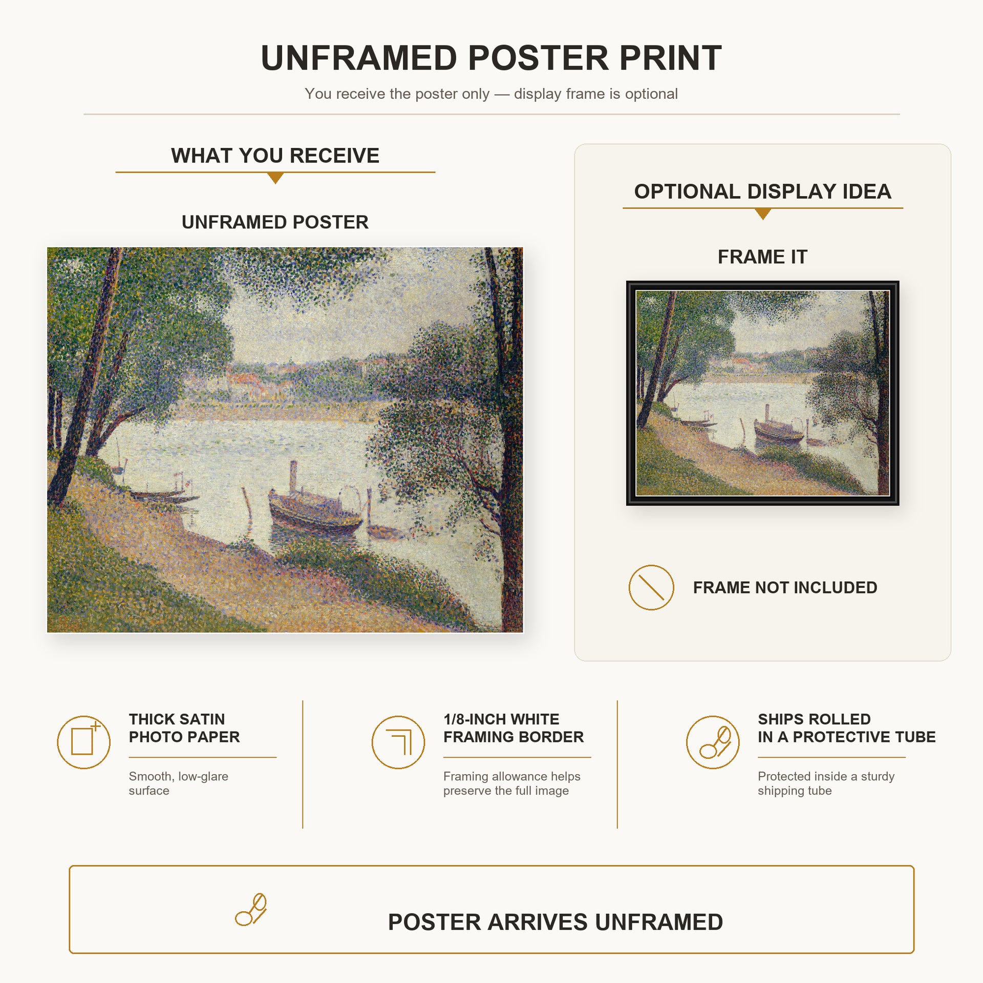 Georges Seurat - Gray Weather, Grande Jatte poster print size comparison and framing display infographic