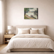 Unframed poster print of Georges Seurat's Gray Weather, Grande Jatte displayed on a wall in a bedroom