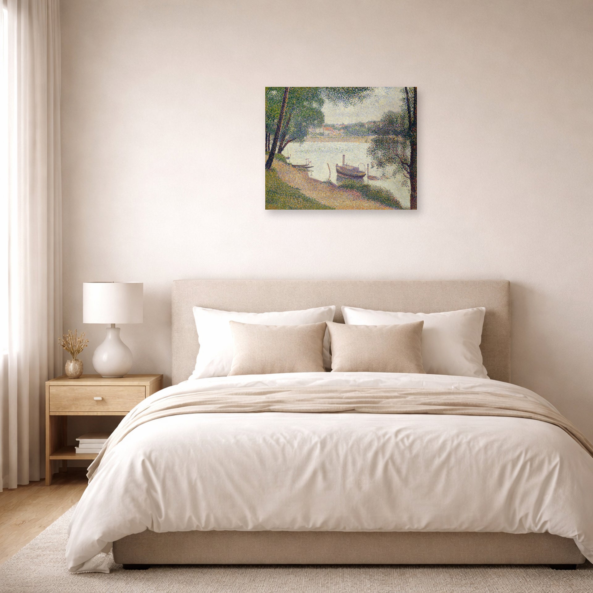 Unframed poster print of Georges Seurat's Gray Weather, Grande Jatte displayed on a wall in a bedroom