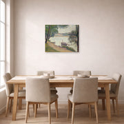 Unframed poster print of Georges Seurat's Gray Weather, Grande Jatte displayed on a wall in a dining room