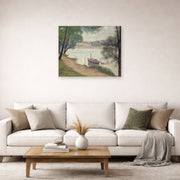 Unframed poster print of Georges Seurat's Gray Weather, Grande Jatte displayed on a wall in a living room