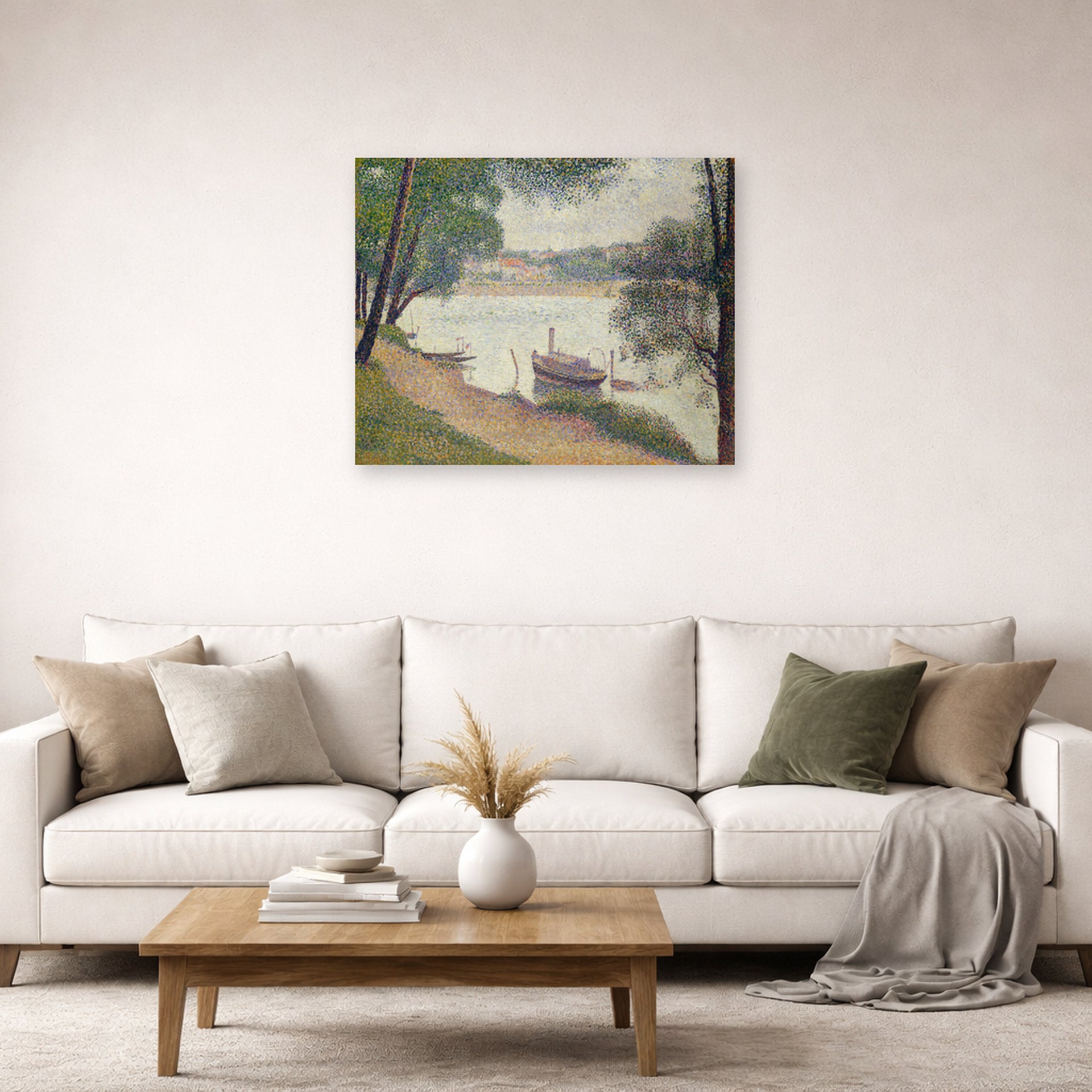 Unframed poster print of Georges Seurat's Gray Weather, Grande Jatte displayed on a wall in a living room