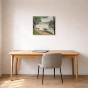 Unframed poster print of Georges Seurat's Gray Weather, Grande Jatte displayed on a wall in a office
