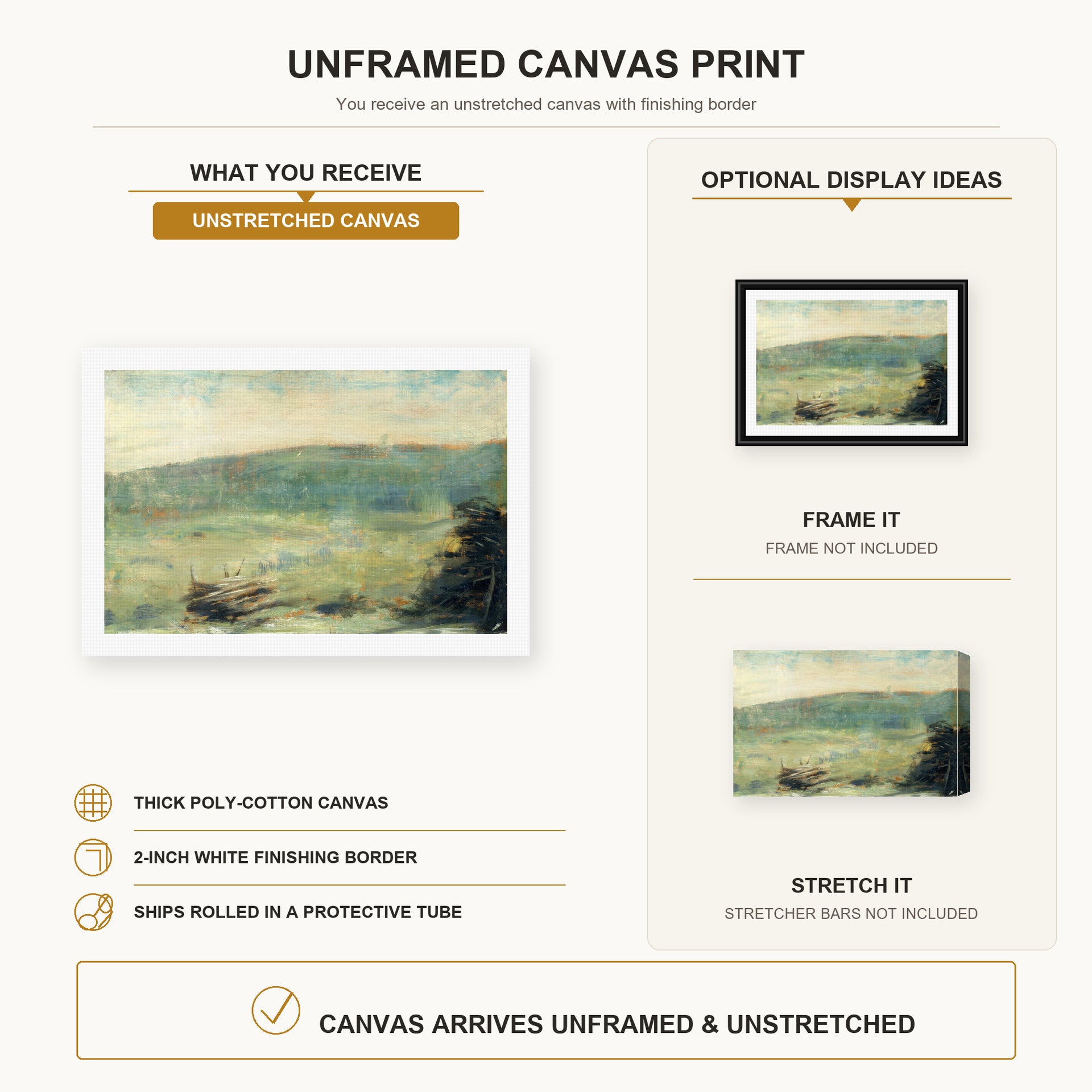 Georges Seurat - Landscape at Saint-Ouen canvas print size comparison and framing display infographic