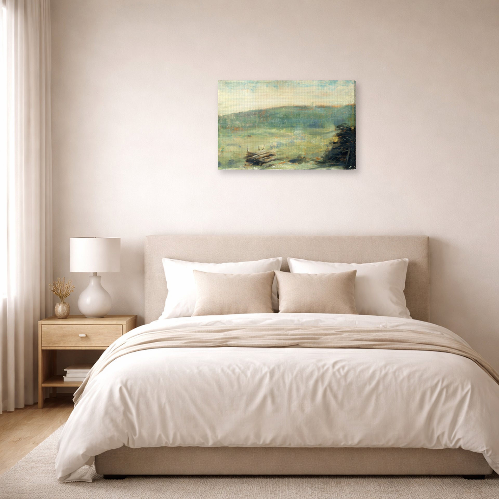 Gallery-wrapped canvas print of Georges Seurat's Landscape at Saint-Ouen displayed on a wall in a bedroom