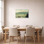 Gallery-wrapped canvas print of Georges Seurat's Landscape at Saint-Ouen displayed on a wall in a dining room