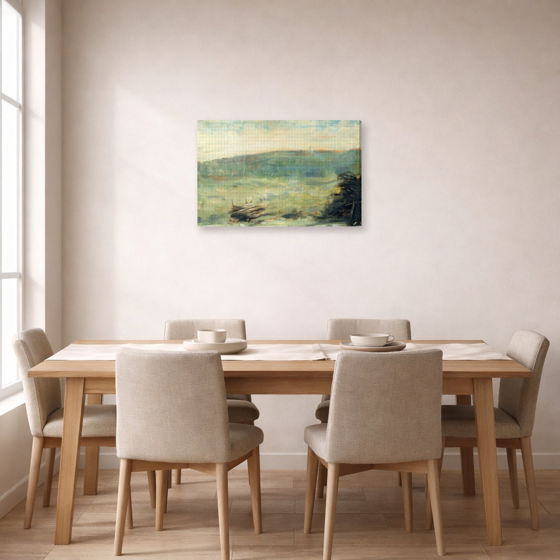 Gallery-wrapped canvas print of Georges Seurat's Landscape at Saint-Ouen displayed on a wall in a dining room