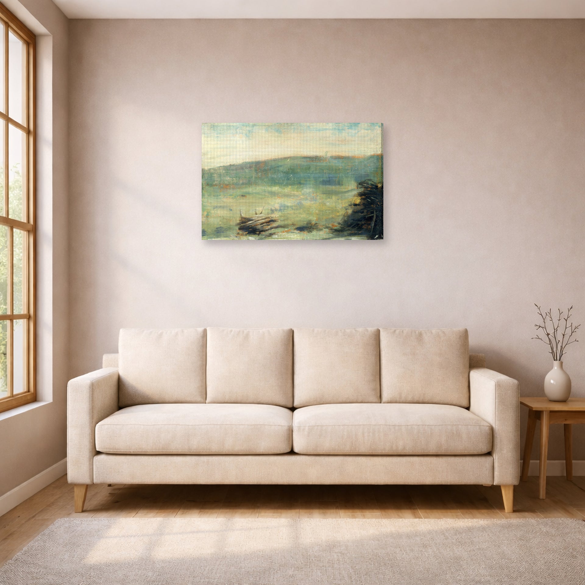 Gallery-wrapped canvas print of Georges Seurat's Landscape at Saint-Ouen displayed on a wall in a living room