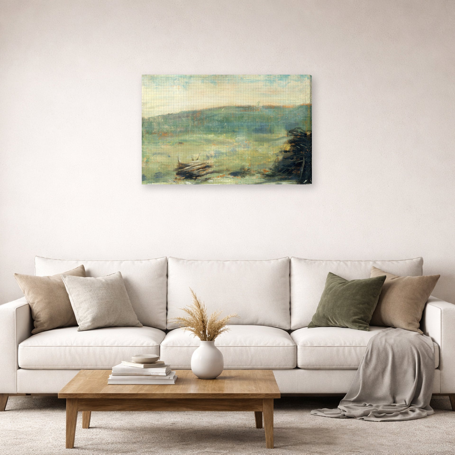 Gallery-wrapped canvas print of Georges Seurat's Landscape at Saint-Ouen displayed on a wall in a living room