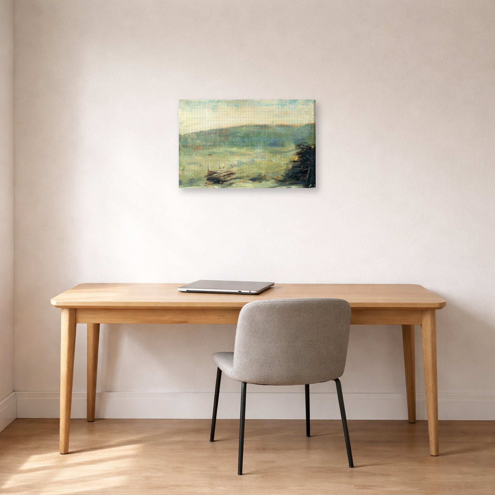 Gallery-wrapped canvas print of Georges Seurat's Landscape at Saint-Ouen displayed on a wall in a office