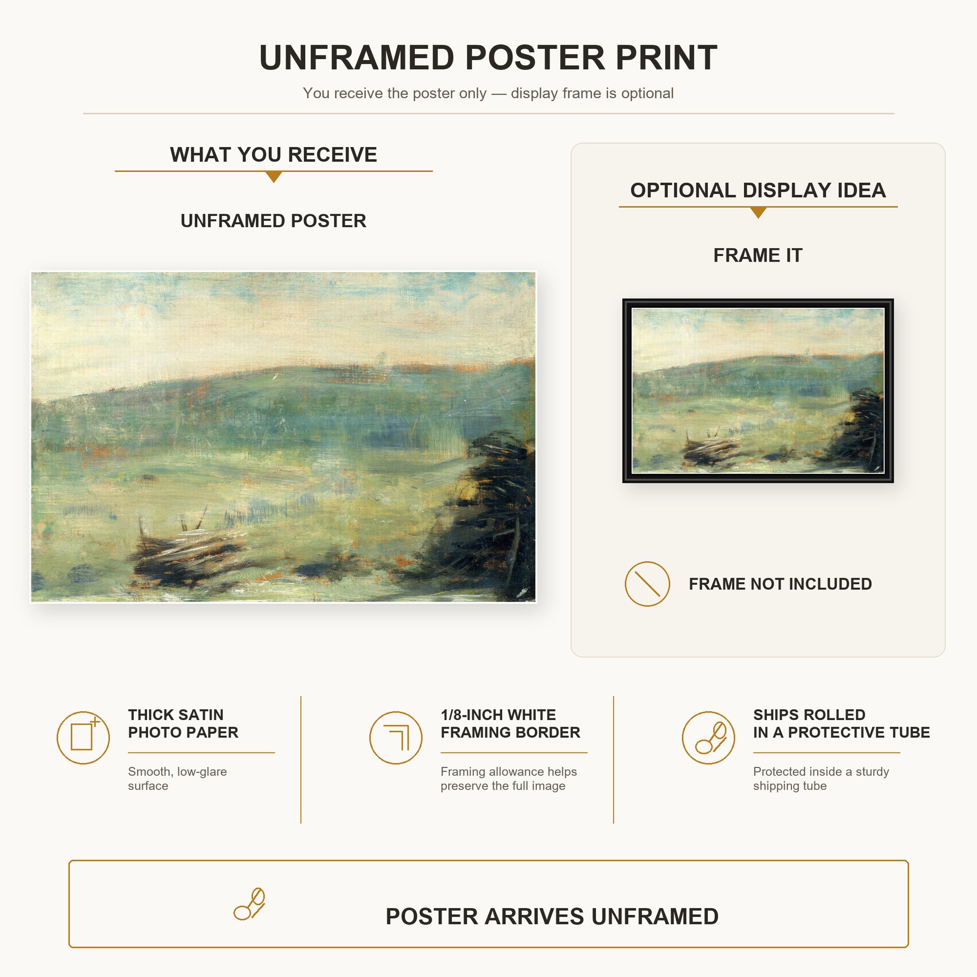 Georges Seurat - Landscape at Saint-Ouen poster print size comparison and framing display infographic