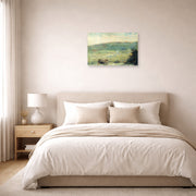 Unframed poster print of Georges Seurat's Landscape at Saint-Ouen displayed on a wall in a bedroom