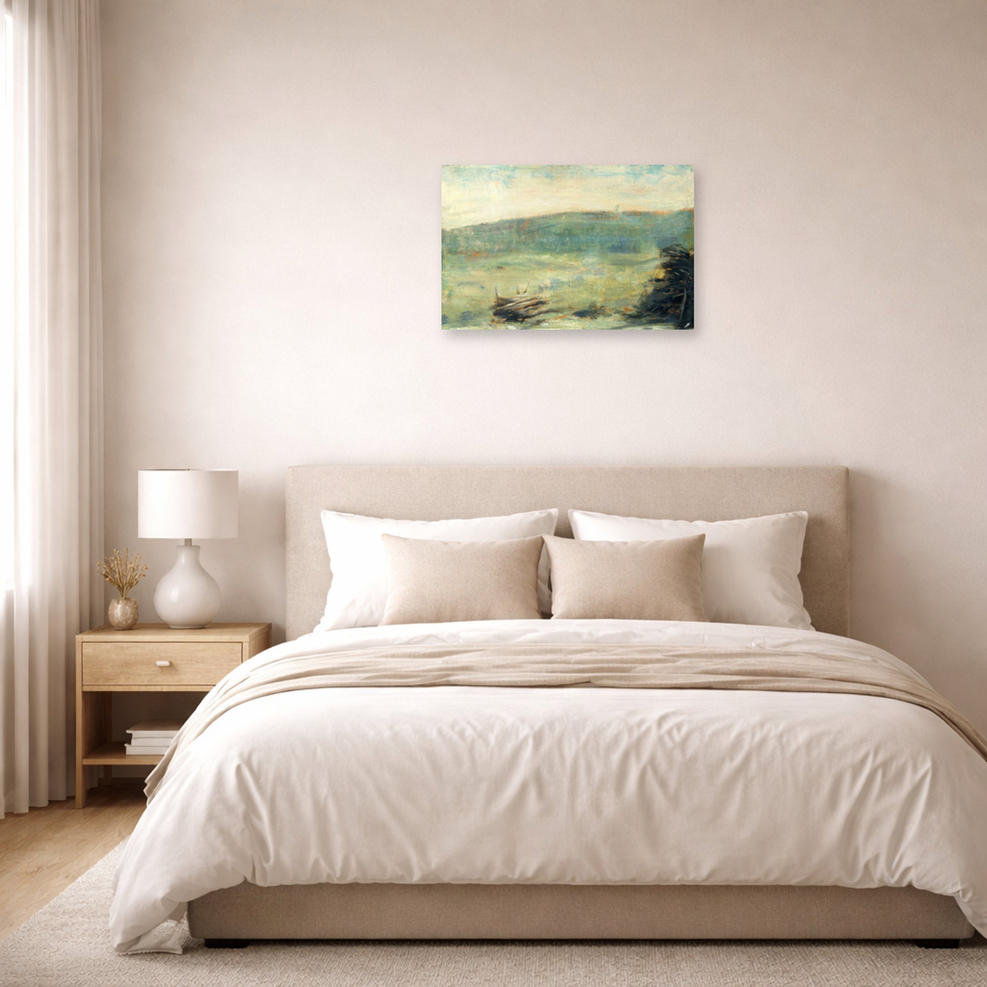 Unframed poster print of Georges Seurat's Landscape at Saint-Ouen displayed on a wall in a bedroom