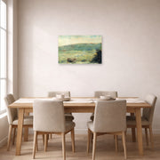 Unframed poster print of Georges Seurat's Landscape at Saint-Ouen displayed on a wall in a dining room