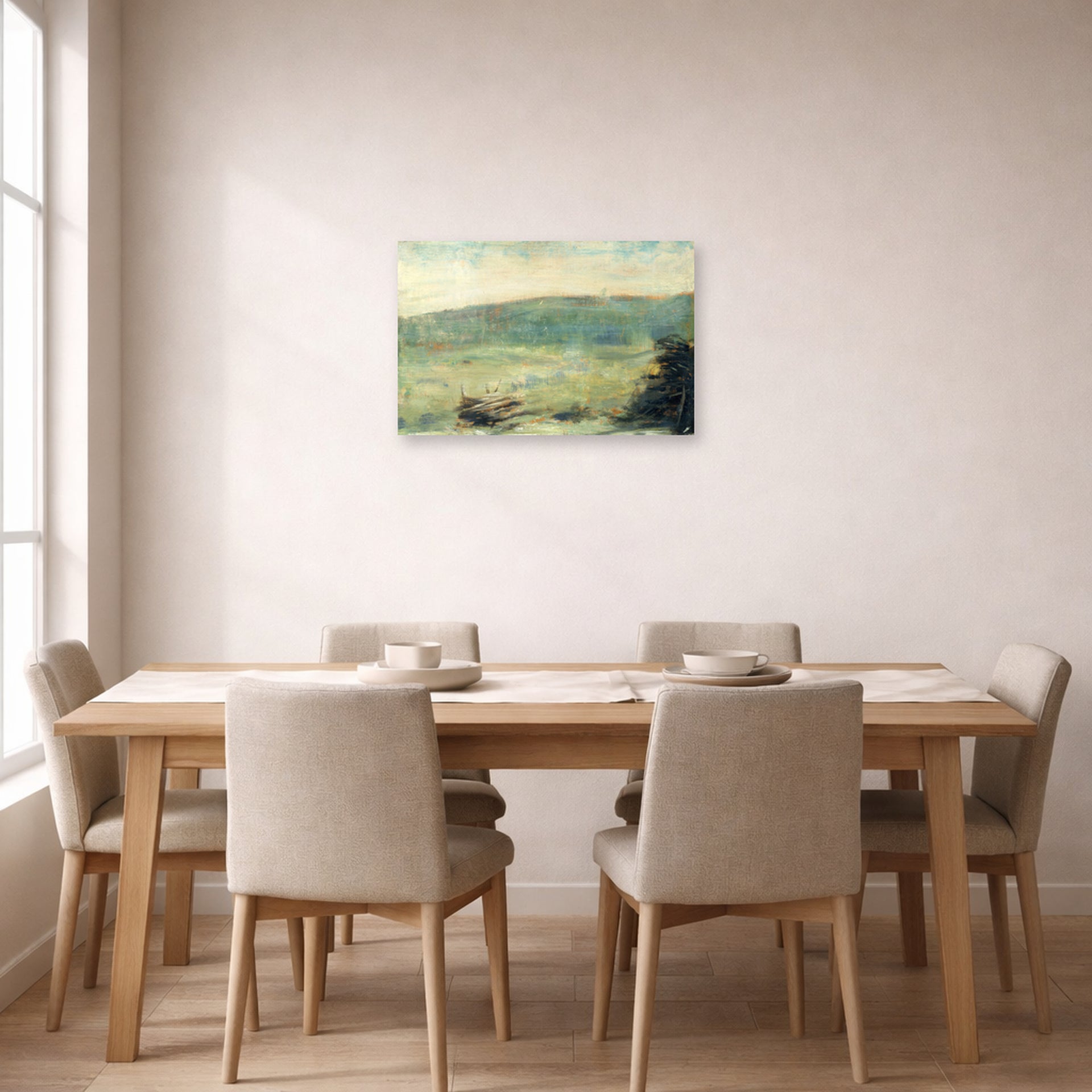 Unframed poster print of Georges Seurat's Landscape at Saint-Ouen displayed on a wall in a dining room