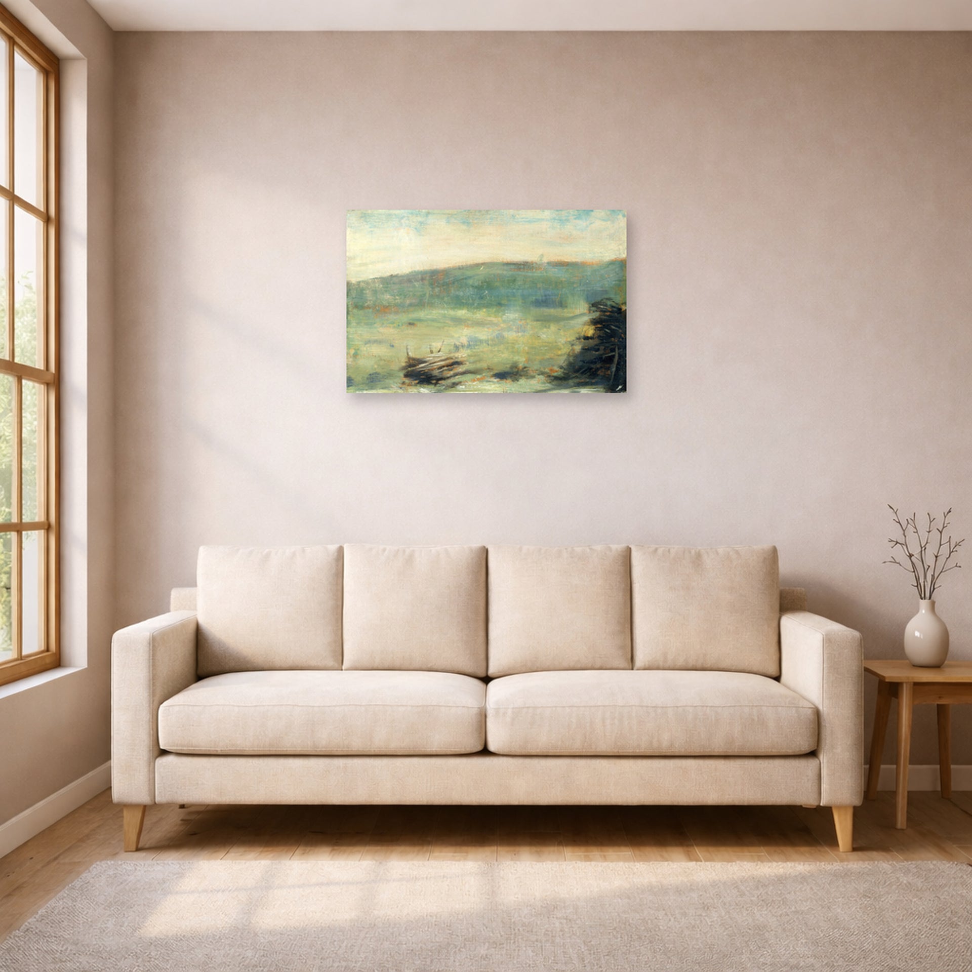 Unframed poster print of Georges Seurat's Landscape at Saint-Ouen displayed on a wall in a living room