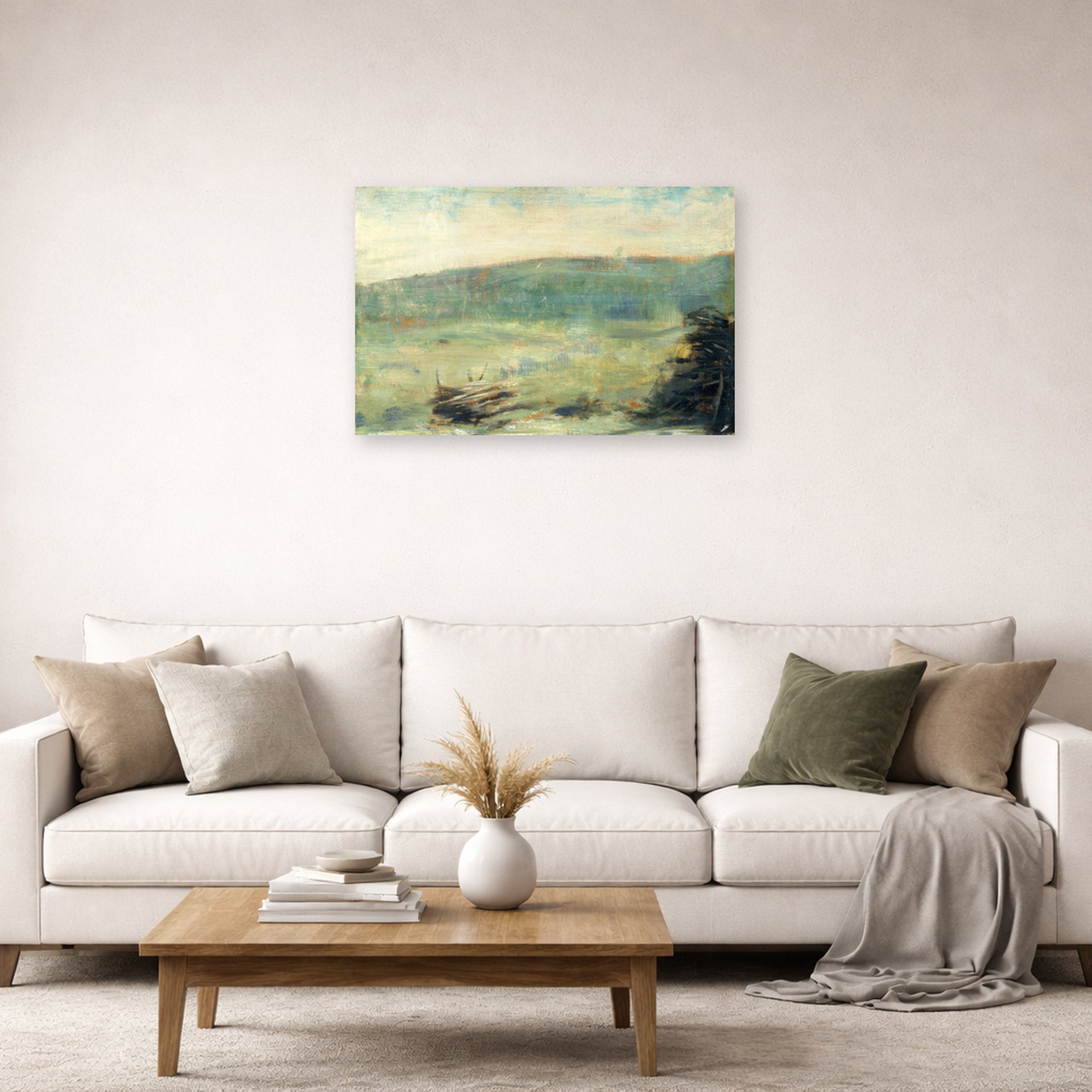 Unframed poster print of Georges Seurat's Landscape at Saint-Ouen displayed on a wall in a living room