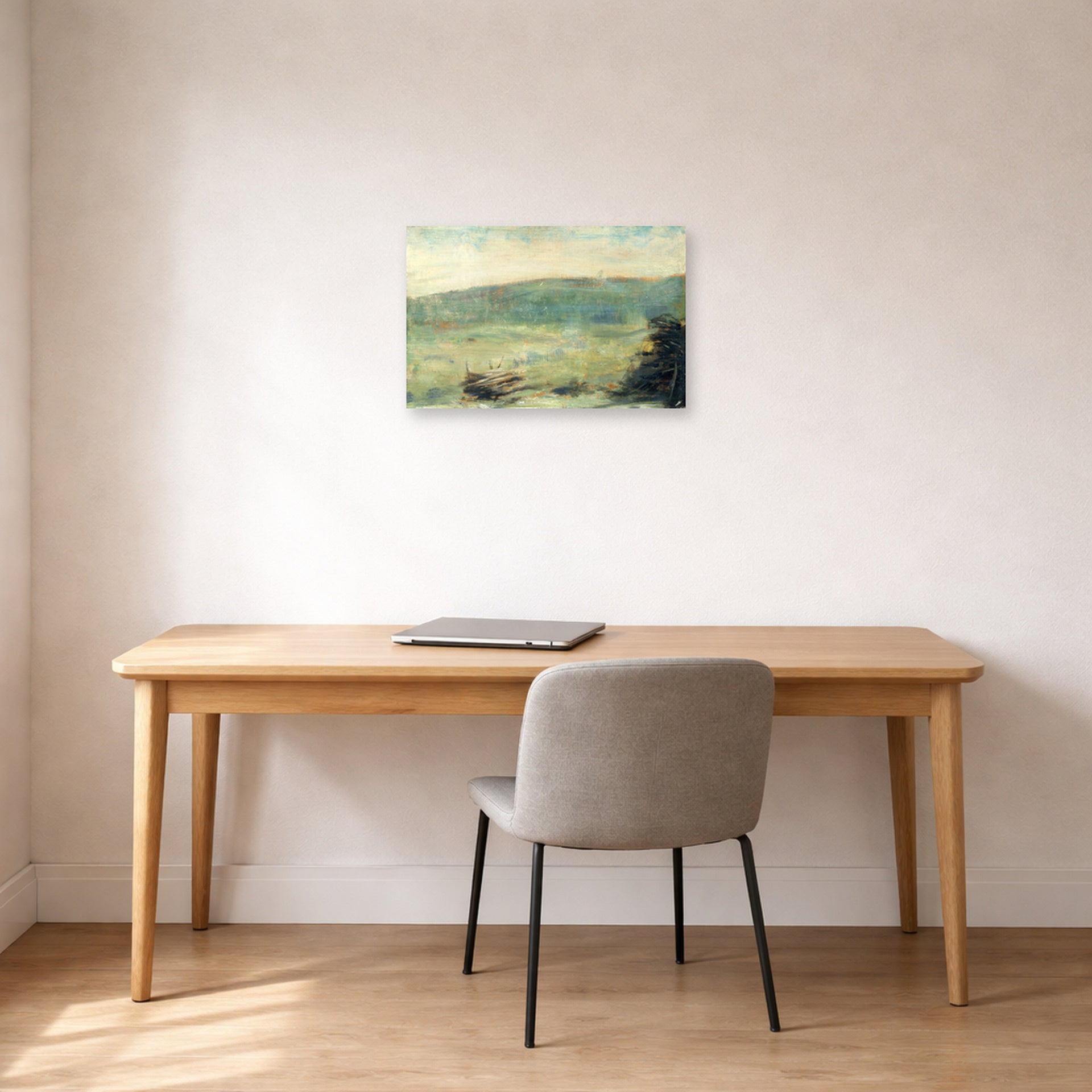 Unframed poster print of Georges Seurat's Landscape at Saint-Ouen displayed on a wall in a office
