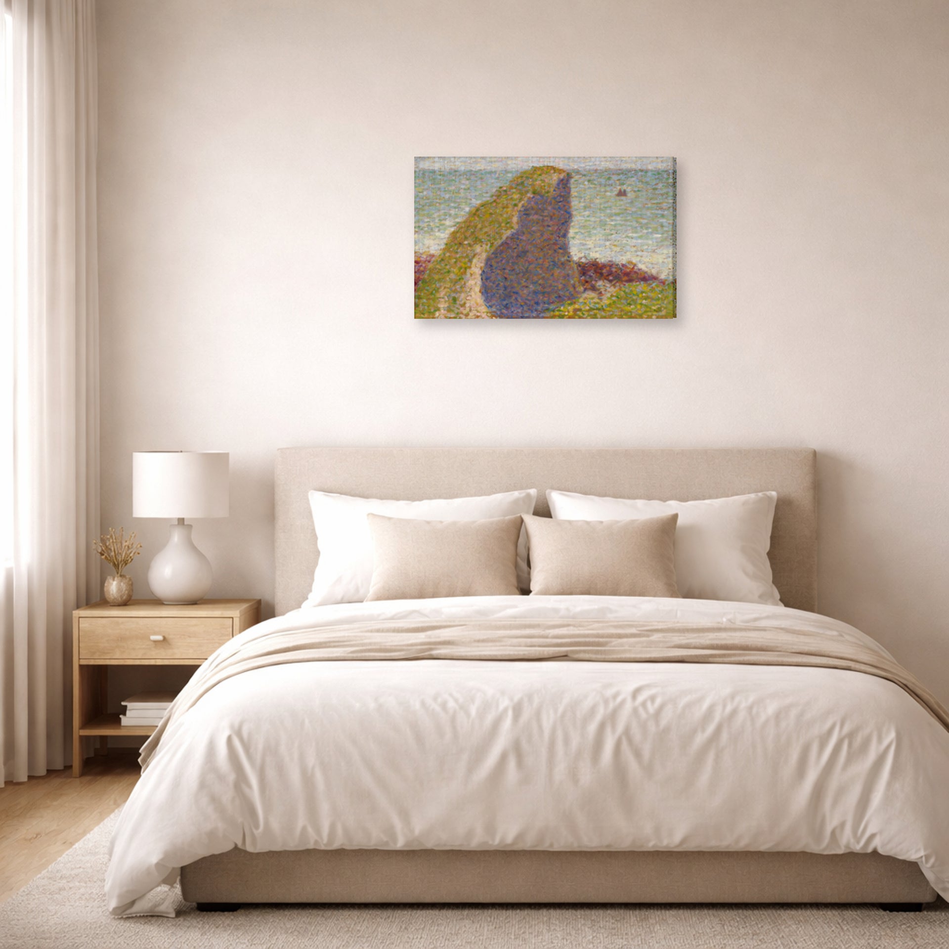 Gallery-wrapped canvas print of Georges Seurat's Study for Le Bec du Hoc, Grandcamp displayed on a wall in a bedroom