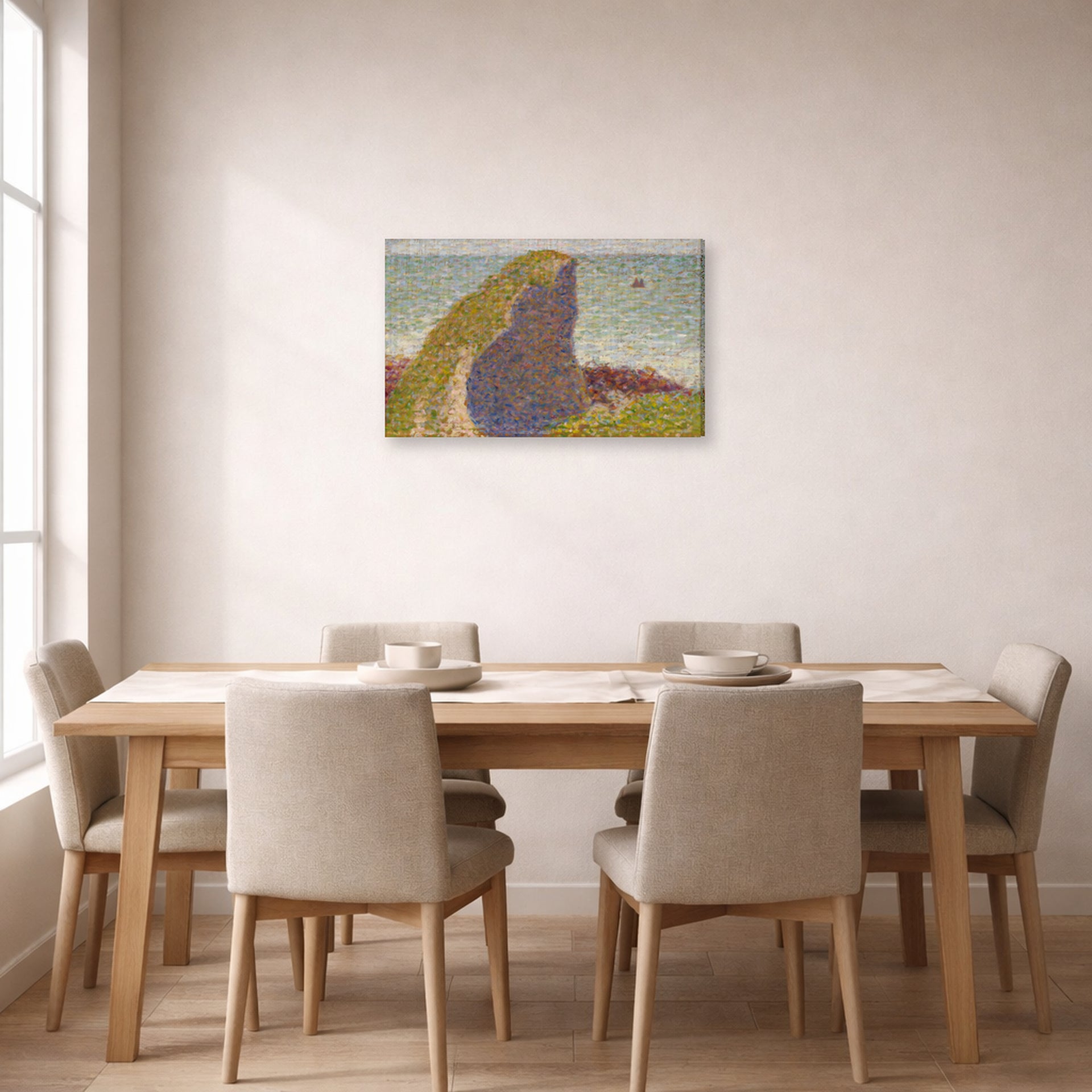 Gallery-wrapped canvas print of Georges Seurat's Study for Le Bec du Hoc, Grandcamp displayed on a wall in a dining room