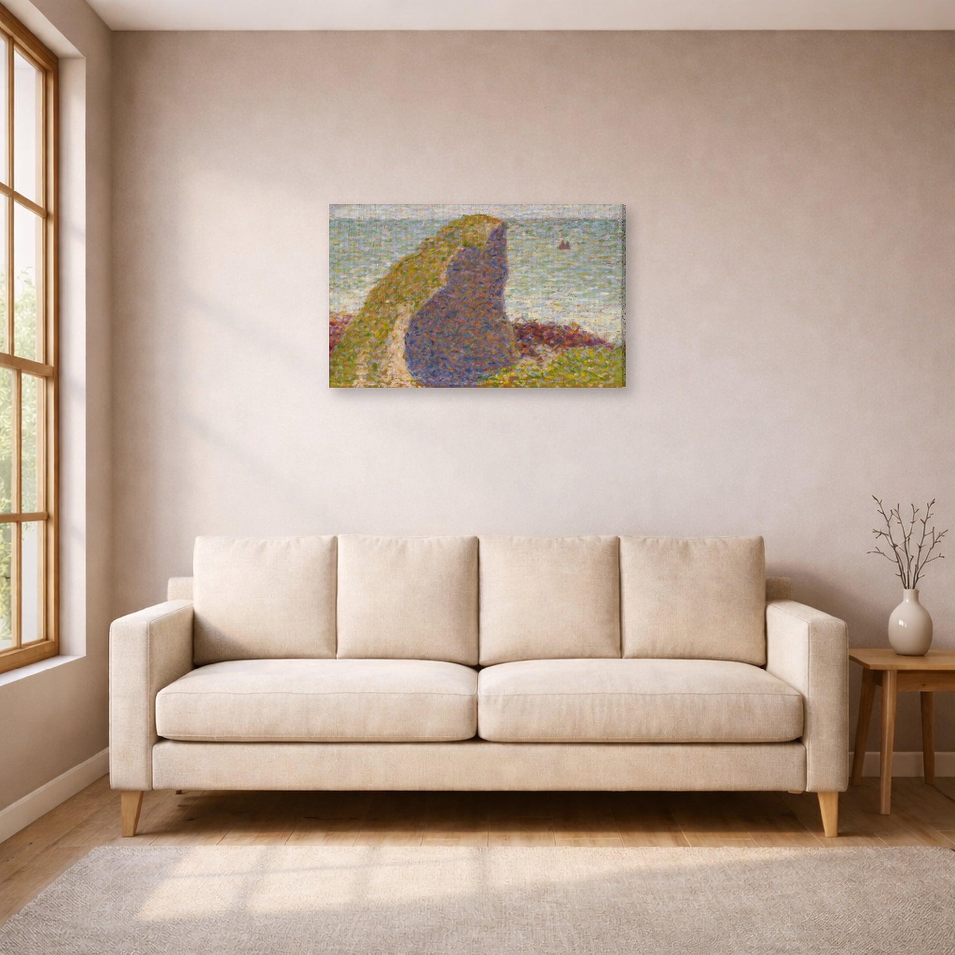 Gallery-wrapped canvas print of Georges Seurat's Study for Le Bec du Hoc, Grandcamp displayed on a wall in a living room