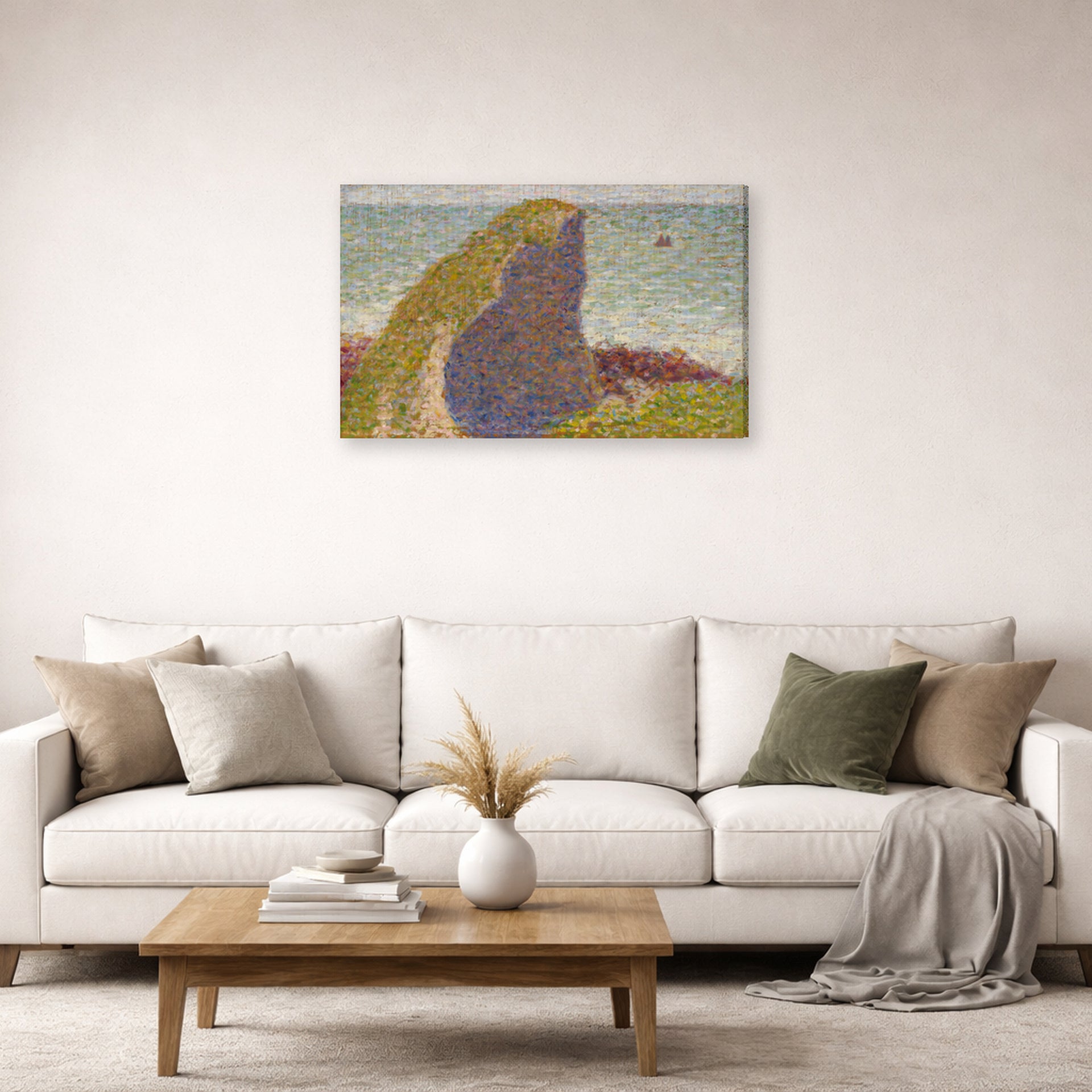 Gallery-wrapped canvas print of Georges Seurat's Study for Le Bec du Hoc, Grandcamp displayed on a wall in a living room