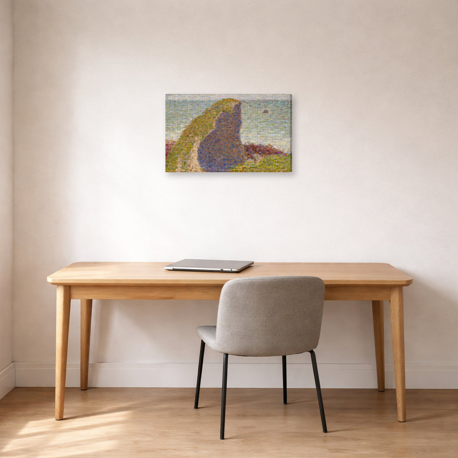 Gallery-wrapped canvas print of Georges Seurat's Study for Le Bec du Hoc, Grandcamp displayed on a wall in a office