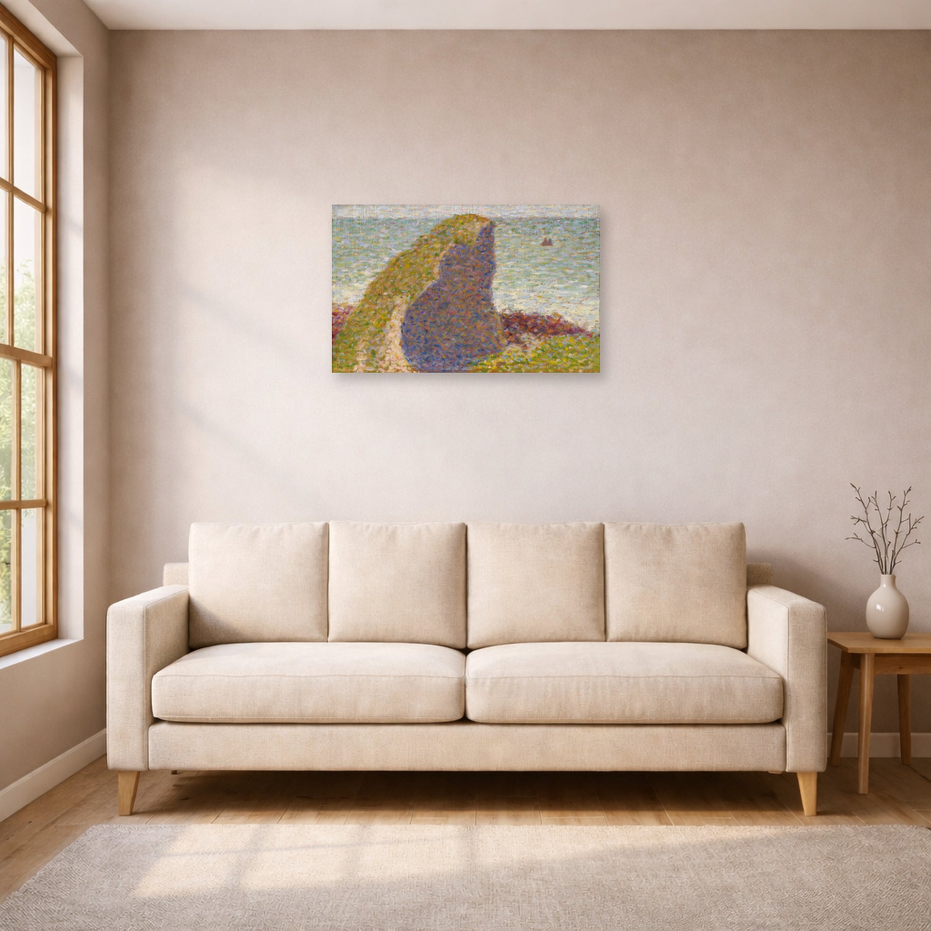 Unframed poster print of Georges Seurat's Study for Le Bec du Hoc, Grandcamp displayed on a wall in a living room