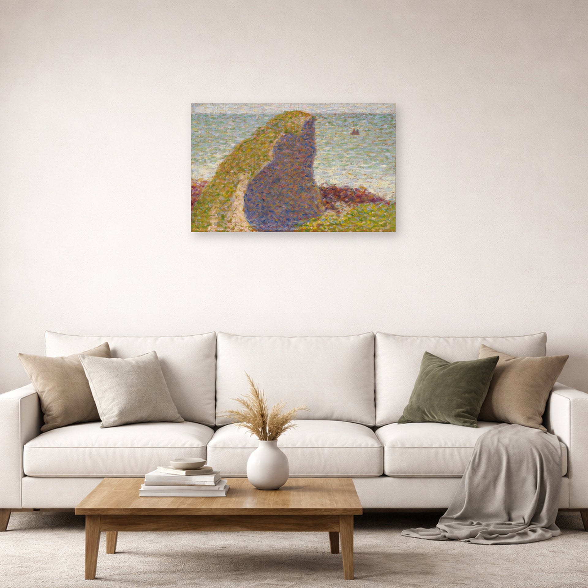 Unframed poster print of Georges Seurat's Study for Le Bec du Hoc, Grandcamp displayed on a wall in a living room