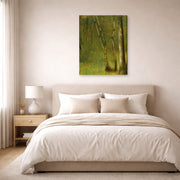 Gallery-wrapped canvas print of Georges Seurat's The Forest at Pontaubert displayed on a wall in a bedroom