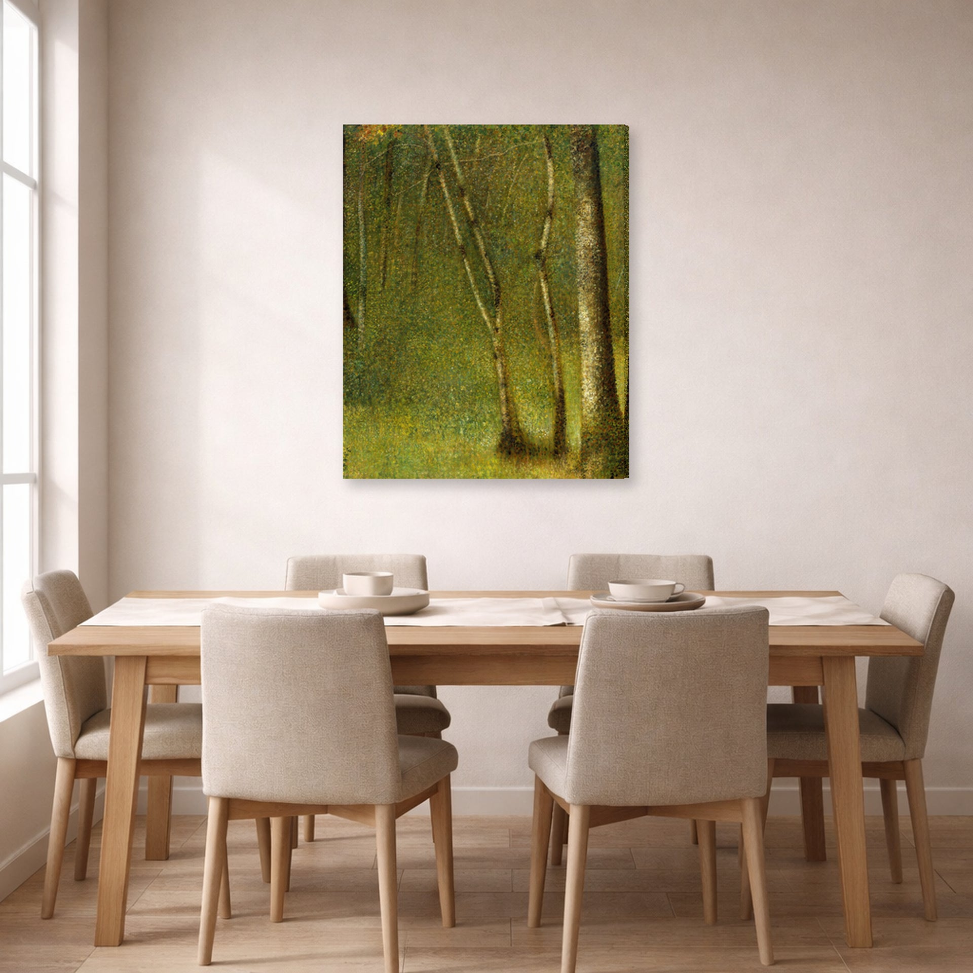 Gallery-wrapped canvas print of Georges Seurat's The Forest at Pontaubert displayed on a wall in a dining room