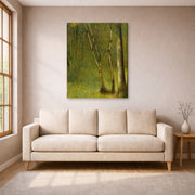 Gallery-wrapped canvas print of Georges Seurat's The Forest at Pontaubert displayed on a wall in a living room
