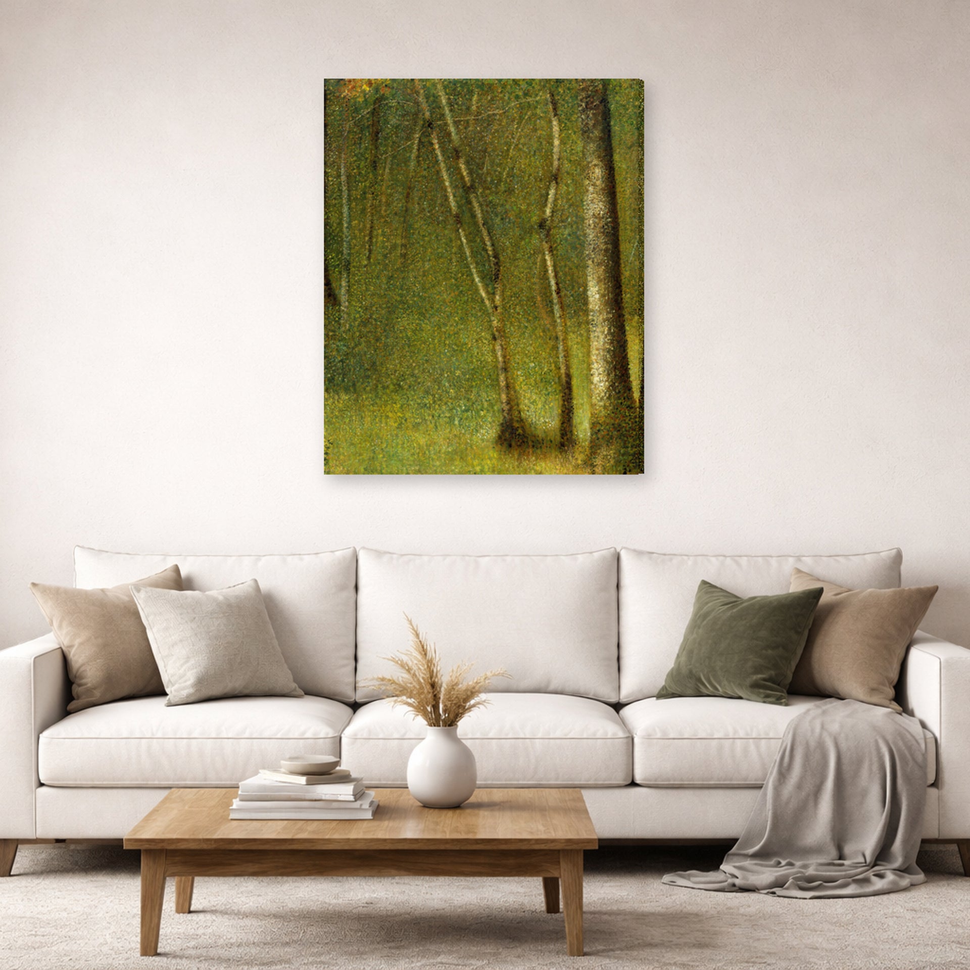 Gallery-wrapped canvas print of Georges Seurat's The Forest at Pontaubert displayed on a wall in a living room