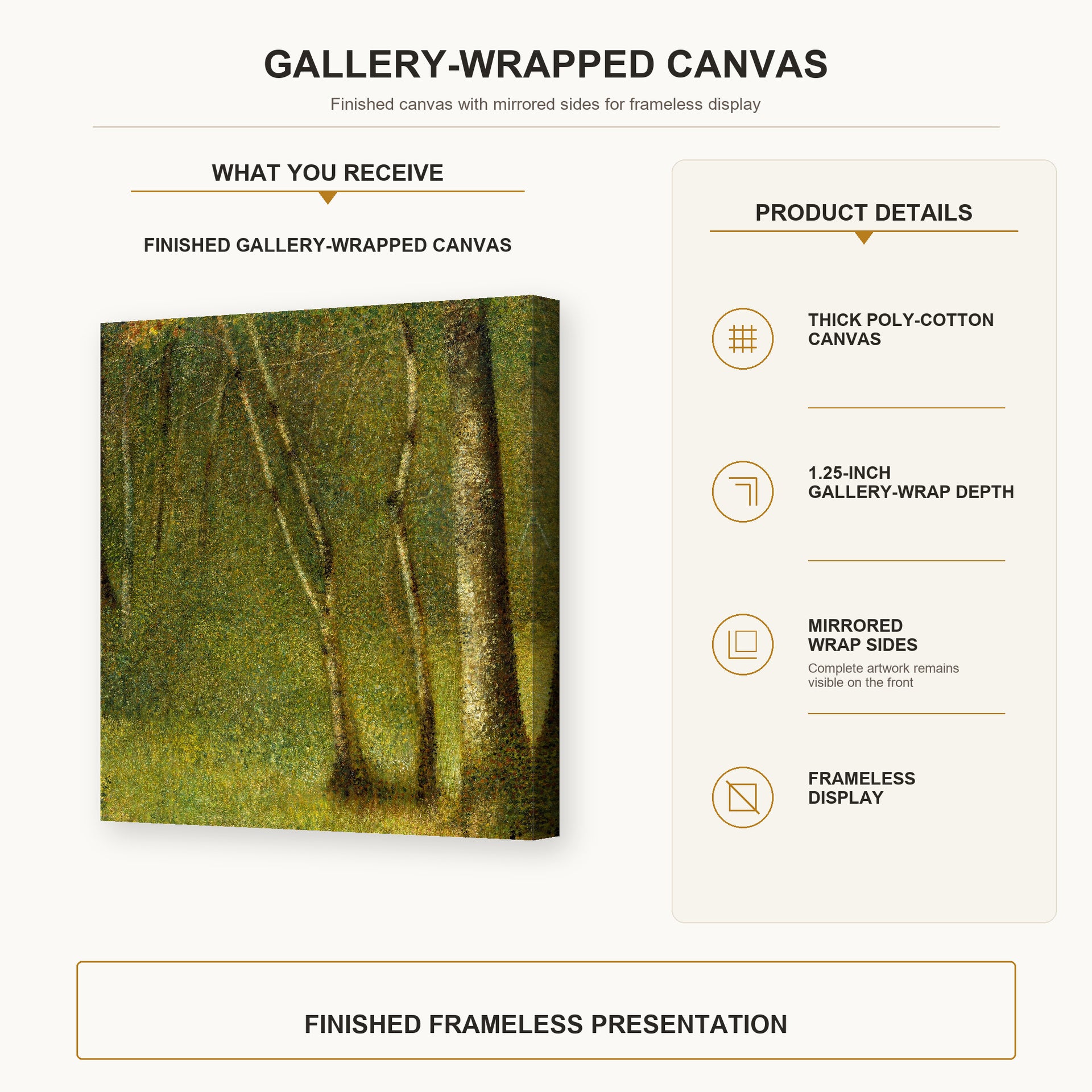 Georges Seurat - The Forest at Pontaubert gallery wrap canvas construction and hanging details infographic